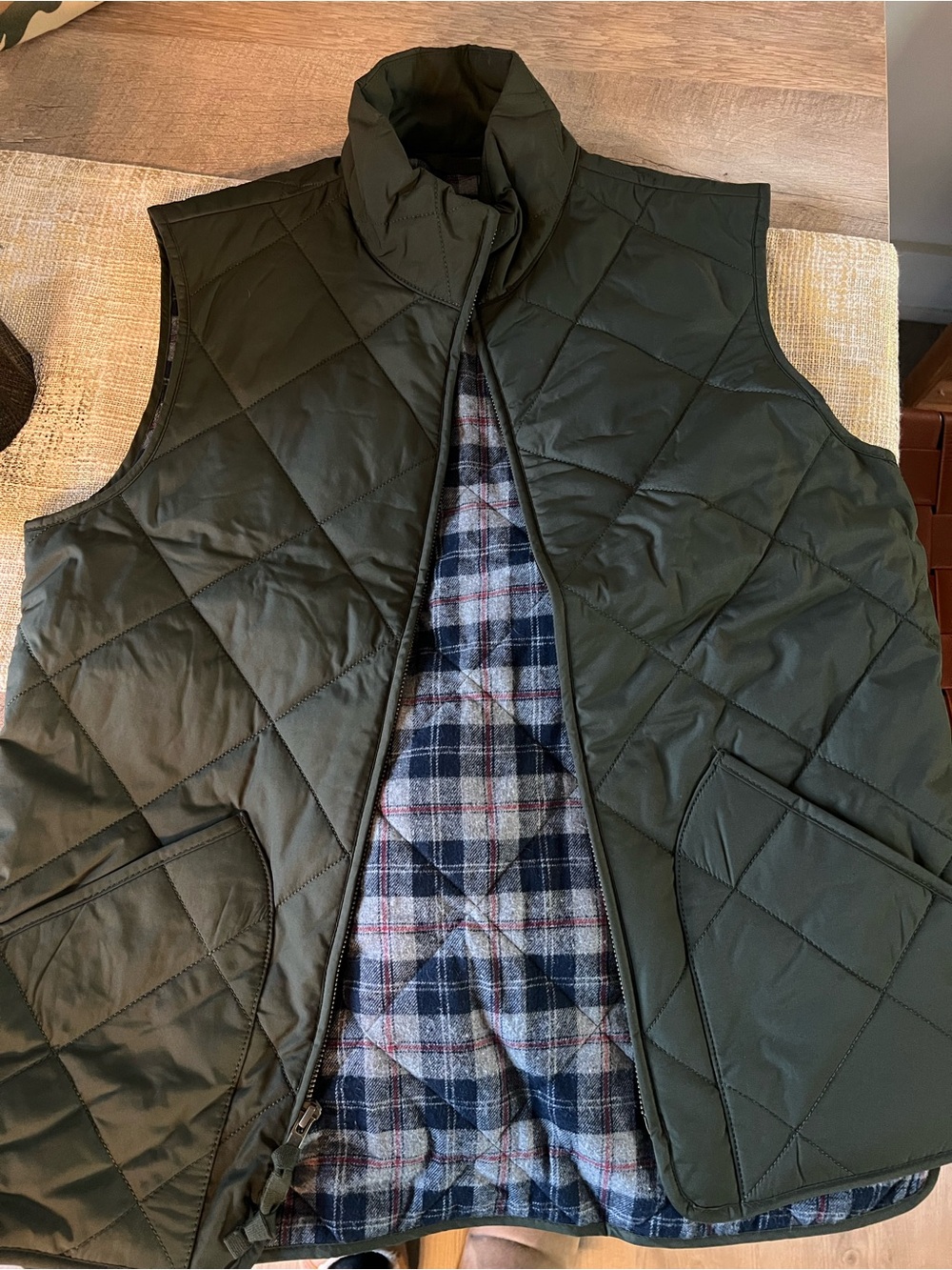 J. Crew Factory Quilted Vest in Olive Green with Plaid Lining